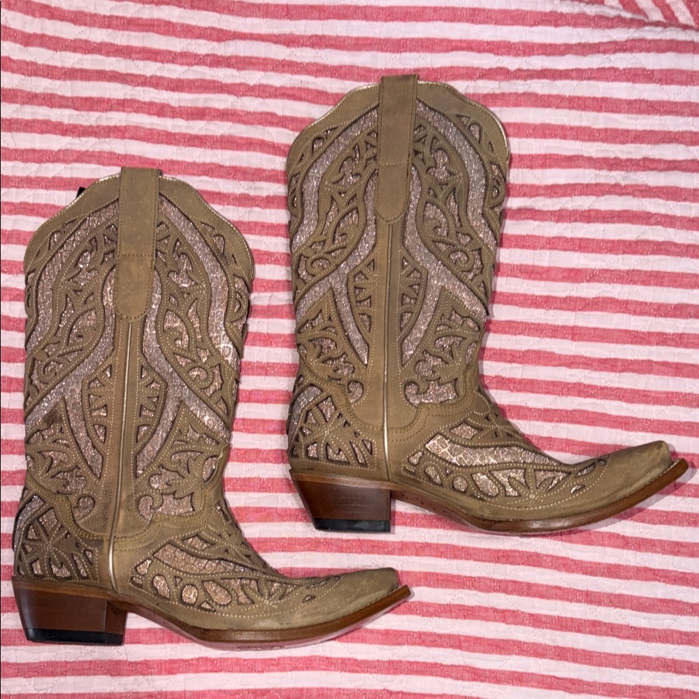 J.B. Dillon Tan Sparkly Leather Cowboy Boots